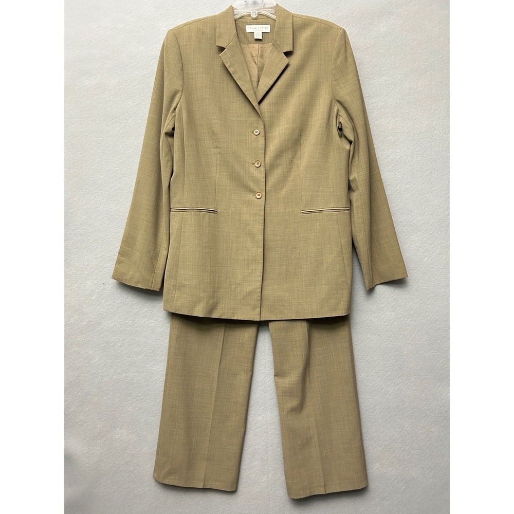 VTG Casual Corner Pant Suit Women 14 Tan Wool Blend 3 Button Blazer Trousers Set